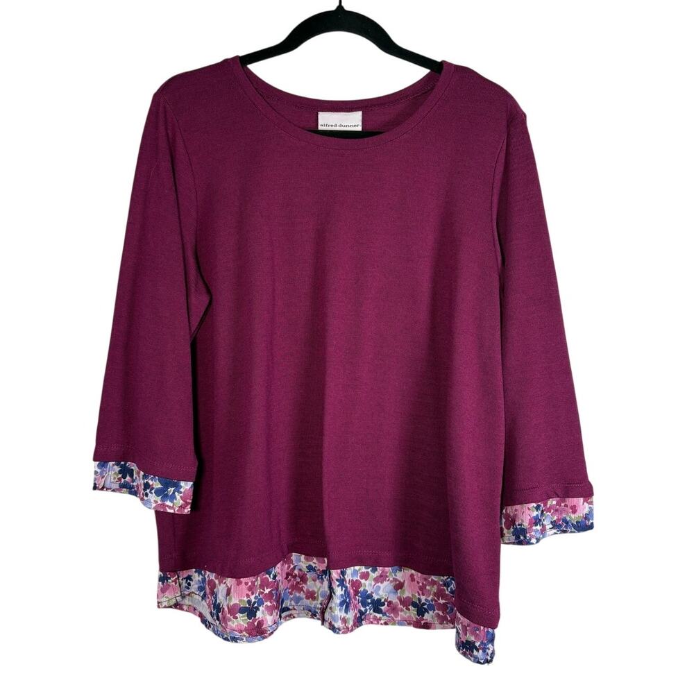 Alfred Dunner Burgundy Floral Trim Knit Top Layered Hem Blouse 3/4 Sleeve Large